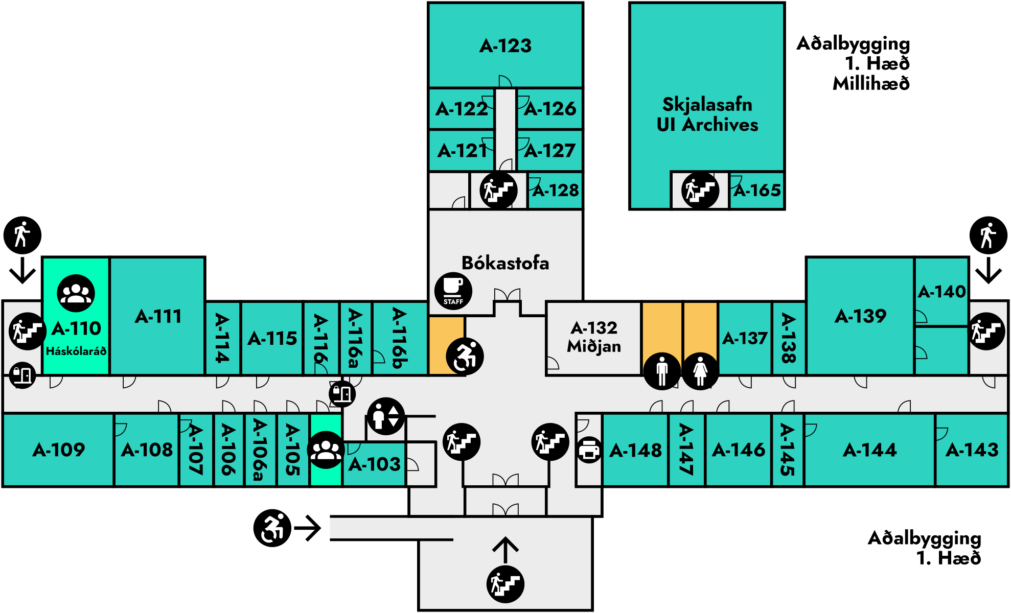 Yfirlitsmynd af Aðalbyggingu: 1. hæð