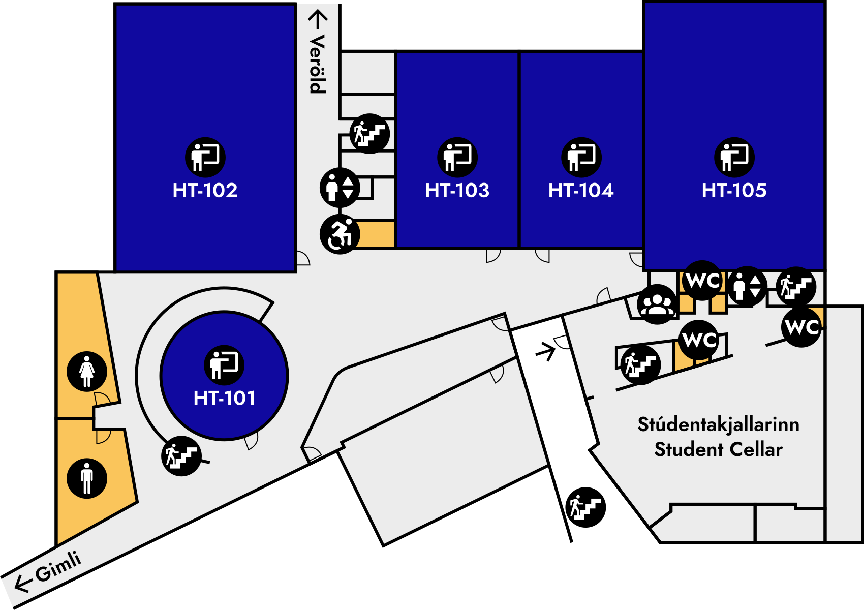Yfirlitsmynd af Háskólatorgi: 1. hæð
