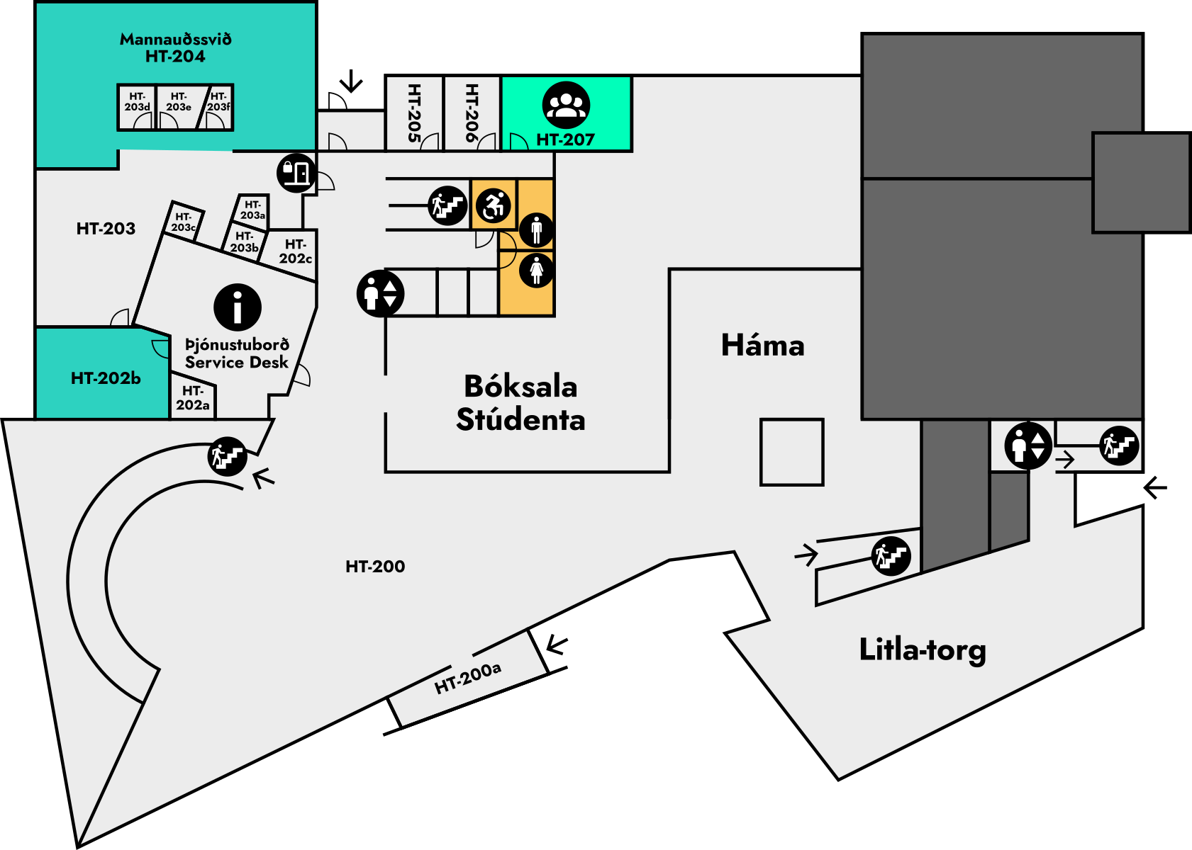 Yfirlitsmynd af Háskólatorgi: 2. hæð