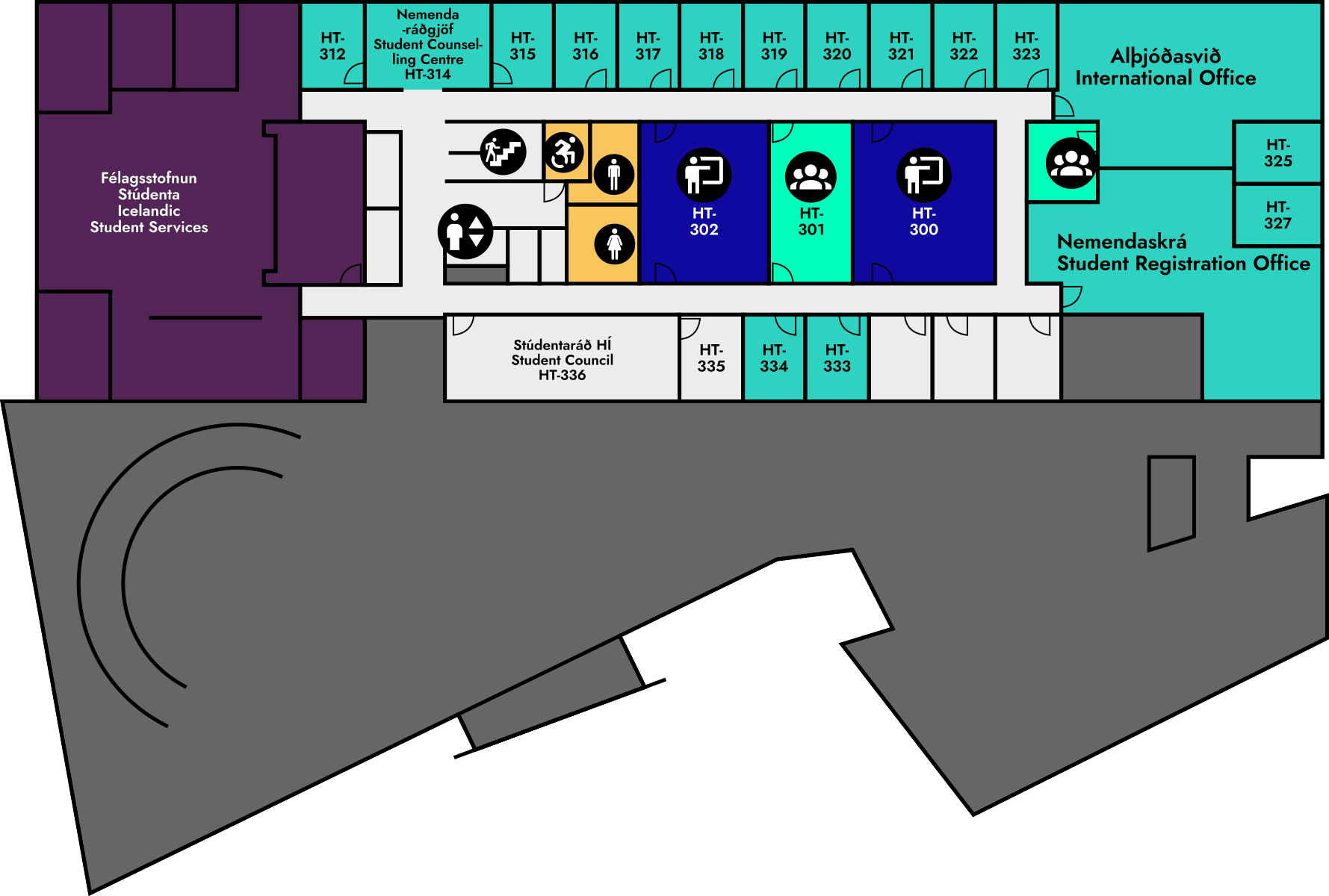 Yfirlitsmynd af Háskólatorgi: 3. hæð