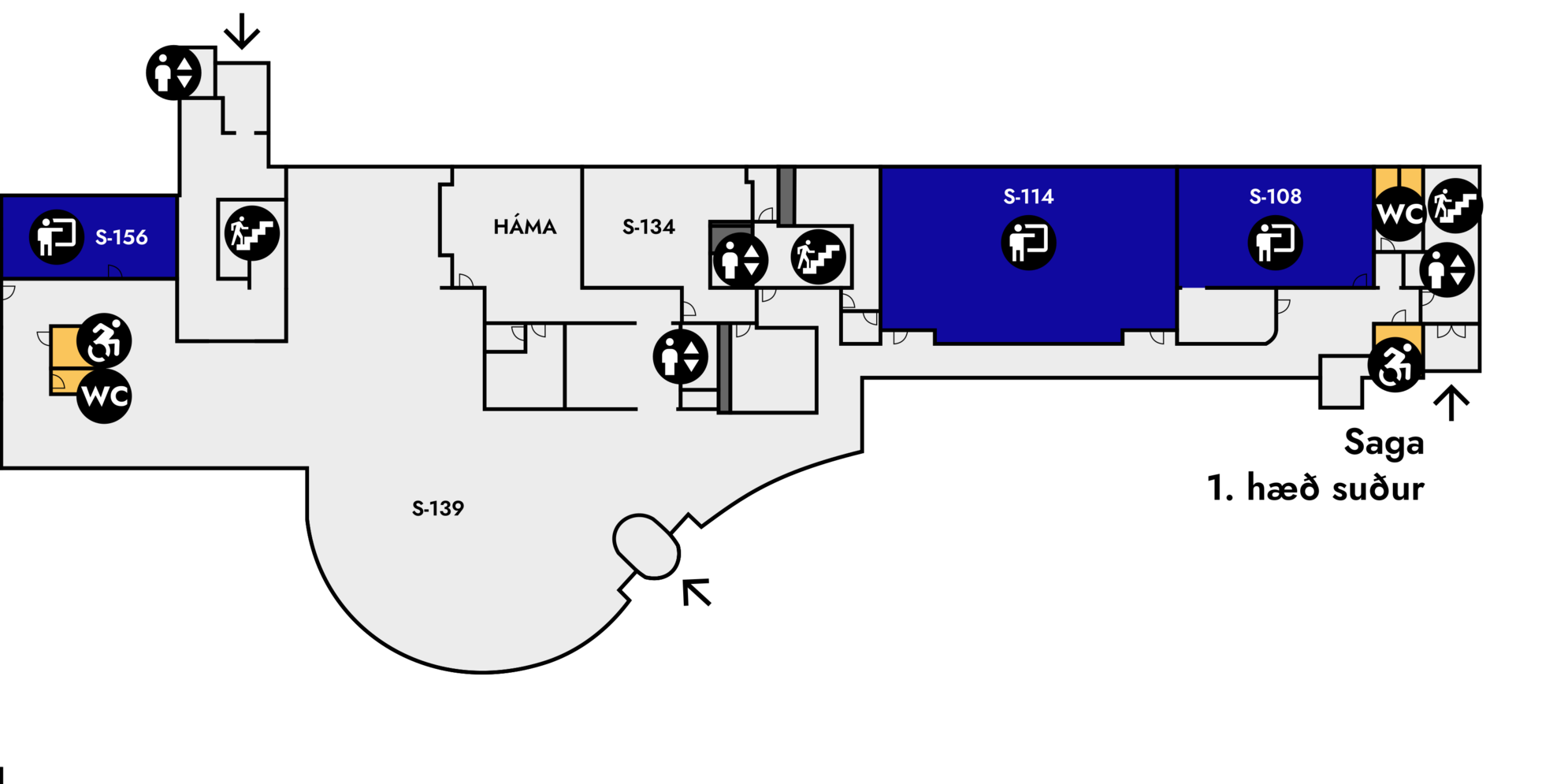 Yfirlitsmynd af Sögu: 1. hæð suður