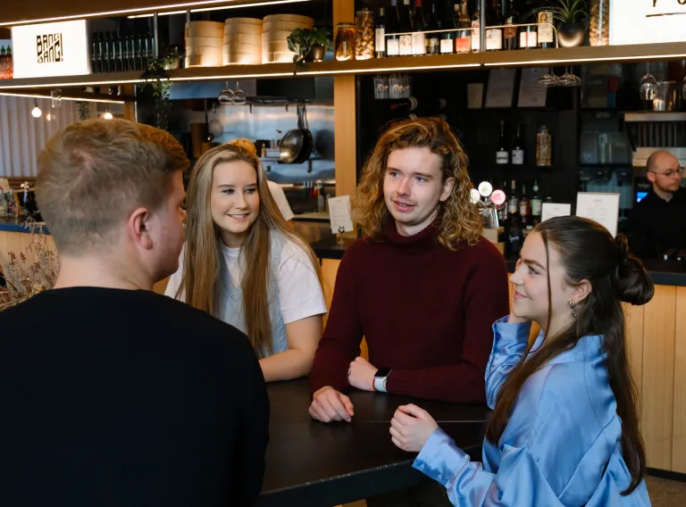 Mynd af fjórum nemendum að ræða saman