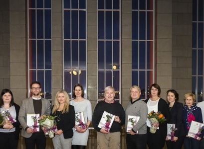 Vinningshafar Hagnýtingarverðlauna Háskóla Íslands ásamt formanni dómnefndar og rektor Háskóla Íslands