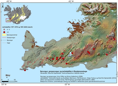 Kort sem sýnir sprungur, gossprungur og jarðskjálftar á Reykjanesskaga.