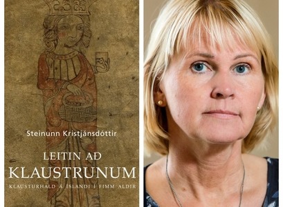 Steinunn Kristjánsdóttir og kápa bókarinnar Leitin að klaustrunum