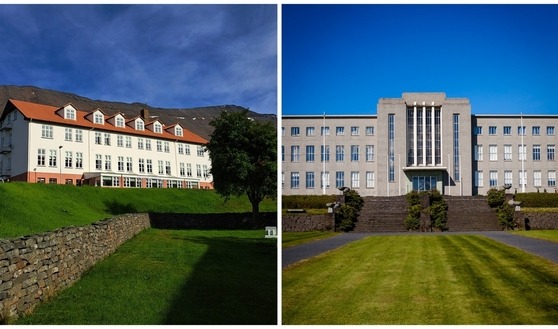 Samsett mynd af húsnæði háskólans á Hólum og aðalbyggingu Háskóla íslands.